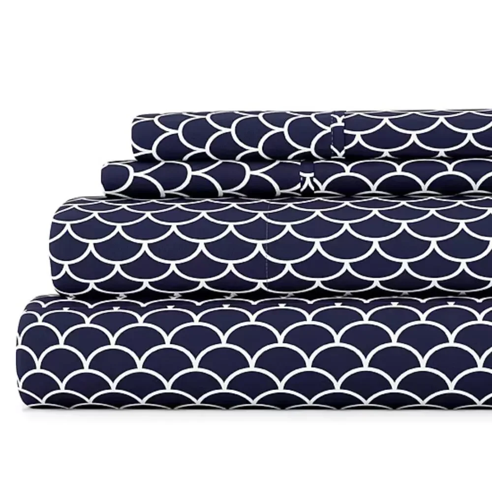 Casual Comfort Premium Ultra Soft Scallops Pattern Sheet Set Navy KING 4PC